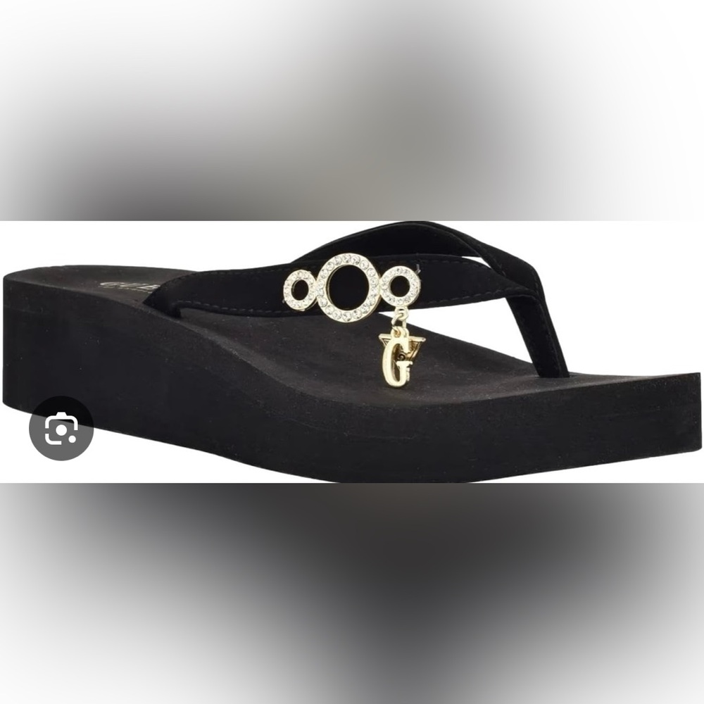 Guess Black Wedge Flip Flops with Charm on Strap